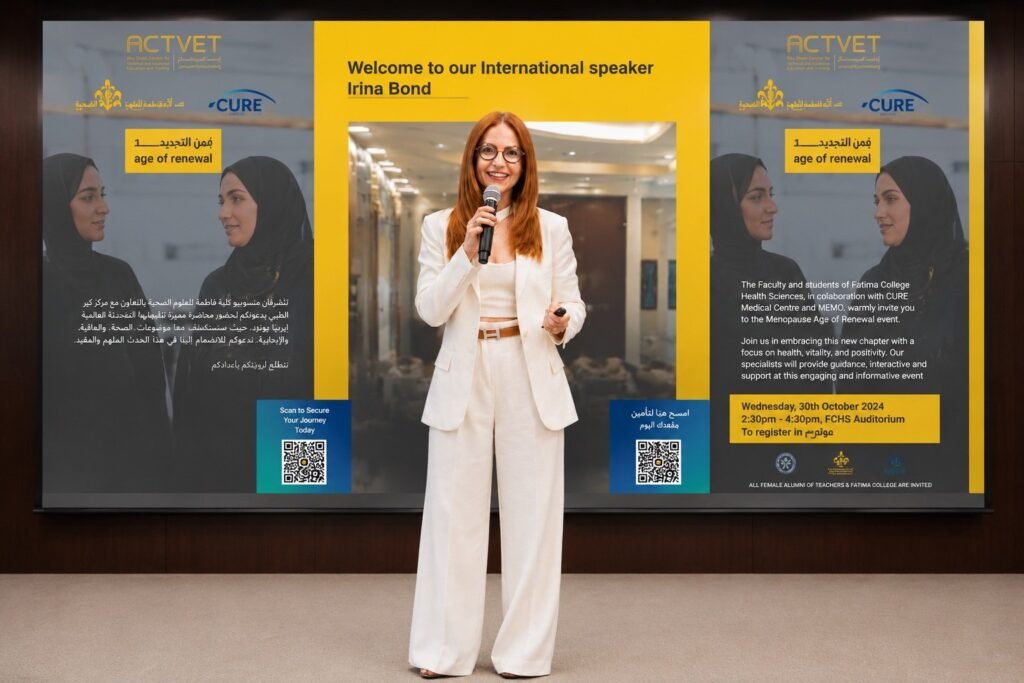 Educational Events Irina Bond presenting at the Age of Renewal menopause event at Fatima College of Health Sciences, Abu Dhabi