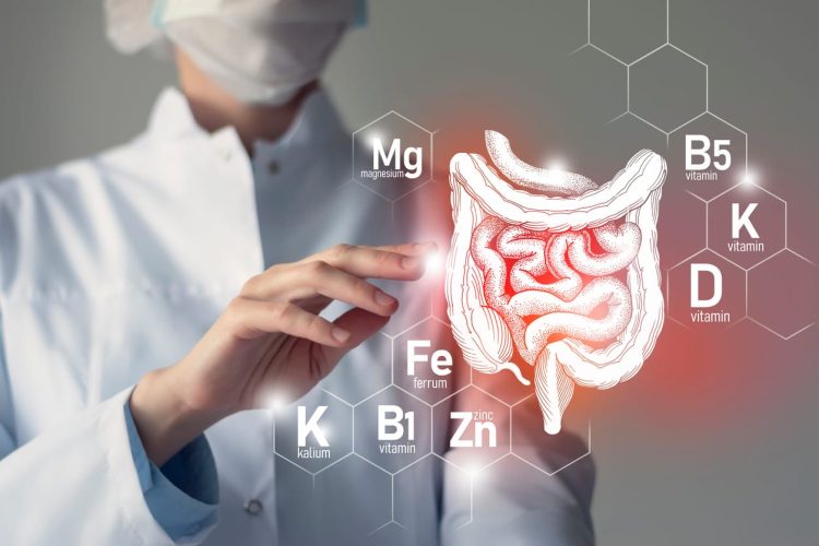 Essential nutrients for Intestine health including Kalium, Ferrum, Magnesium, Vitamin D. Blurred portrait of doctor holding highlighted Intestine.